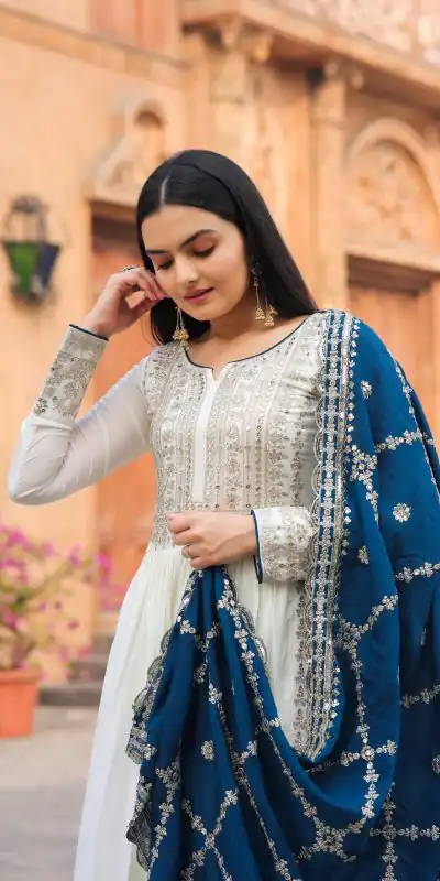 AD157 White & Blue Color Chinon Silk Embroidery Sequence Salwar Suit Wedding, Party, Festive, Events Expected Delivery 4-6 Working Days @ 2099/- | Casual Suits, Creative suits, Designer Suits, Palazzo Suits, Party Wear Suits, Patiala Suits, Salwar suit, Straight Suits