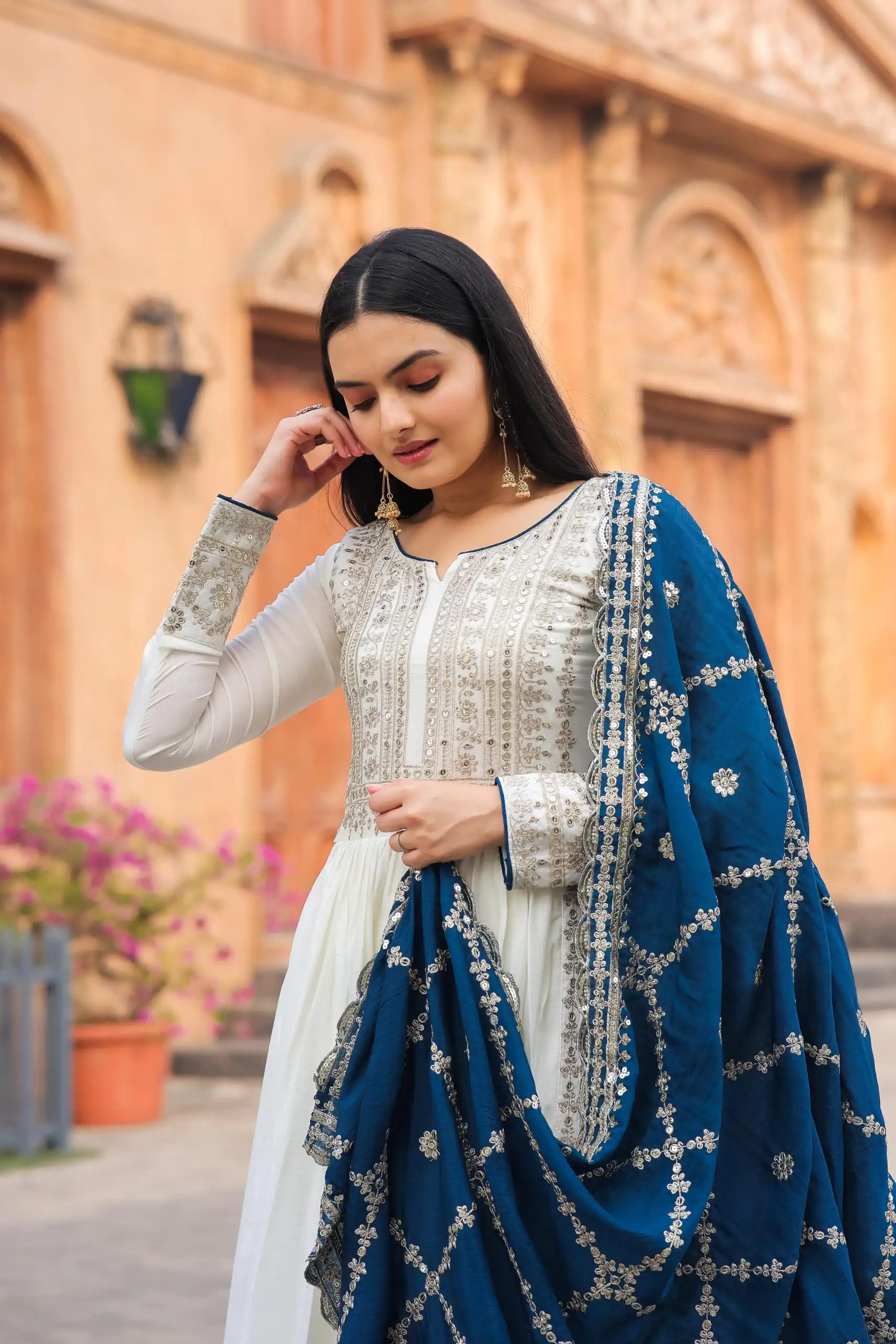 AD157 White & Blue Color Chinon Silk Embroidery Sequence Salwar Suit Wedding, Party, Festive, Events Expected Delivery 4-6 Working Days @ 2099/- | Casual Suits, Creative suits, Designer Suits, Palazzo Suits, Party Wear Suits, Patiala Suits, Salwar suit, Straight Suits