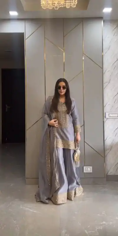 ZF 374 Grey Color Chinnon Silk Embroidery Sequence Salwar Suit Casual, Wedding, Party, Events Etc. Expected Delivery 4-6 Working Days 2099/- | Jump Suits, Casual Suits, Creative suits, Designer Suits, Palazzo Suits, Party Wear Suits, Patiala Suits, Salwar suit, Straight Suits