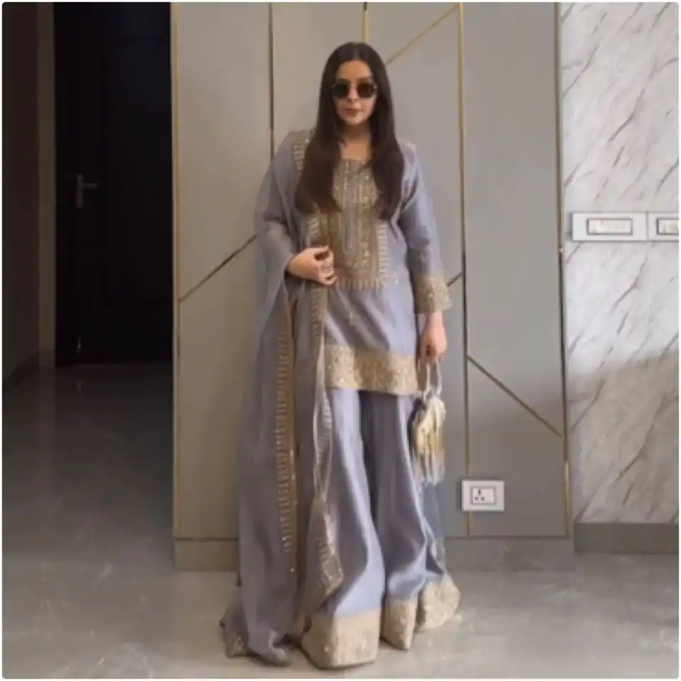 ZF 374 Grey Color Chinnon Silk Embroidery Sequence Salwar Suit Casual, Wedding, Party, Events Etc. Expected Delivery 4-6 Working Days 2099/- | Jump Suits, Casual Suits, Creative suits, Designer Suits, Palazzo Suits, Party Wear Suits, Patiala Suits, Salwar suit, Straight Suits