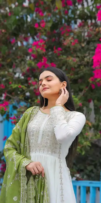 AD157 White & Olive Green Color Chinon Silk Embroidery Sequence Salwar Suit Wedding, Party, Festive, Events Expected Delivery 4-6 Working Days @ 2099/- | Casual Suits, Creative suits, Designer Suits, Palazzo Suits, Party Wear Suits, Patiala Suits, Salwar suit, Straight Suits