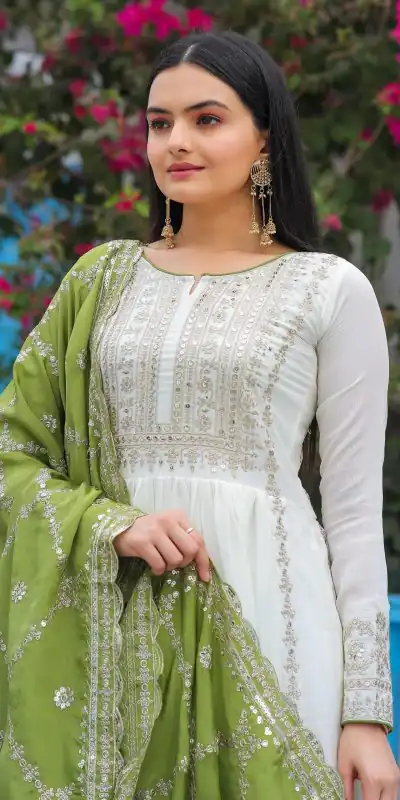 AD157 White & Olive Green Color Chinon Silk Embroidery Sequence Salwar Suit Wedding, Party, Festive, Events Expected Delivery 4-6 Working Days @ 2099/- | Casual Suits, Creative suits, Designer Suits, Palazzo Suits, Party Wear Suits, Patiala Suits, Salwar suit, Straight Suits