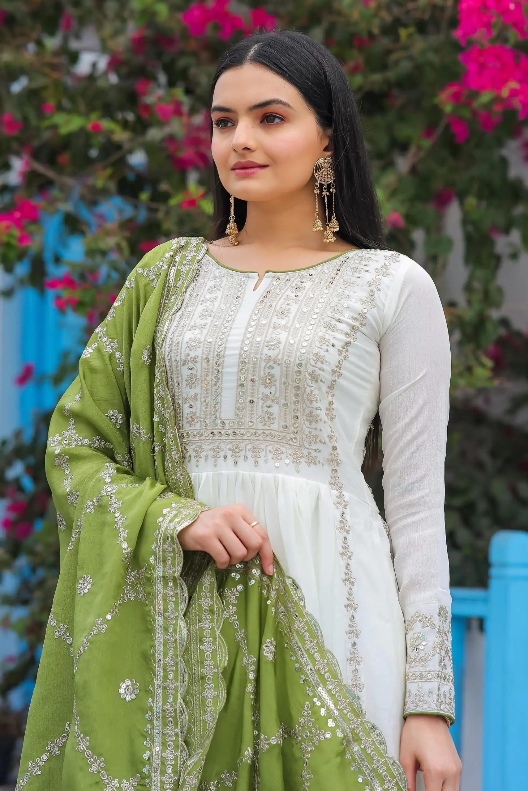 AD157 White & Olive Green Color Chinon Silk Embroidery Sequence Salwar Suit Wedding, Party, Festive, Events Expected Delivery 4-6 Working Days @ 2099/- | Casual Suits, Creative suits, Designer Suits, Palazzo Suits, Party Wear Suits, Patiala Suits, Salwar suit, Straight Suits