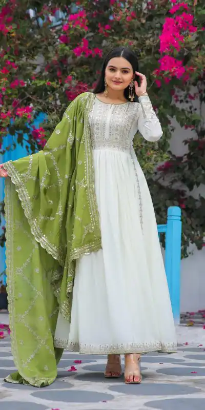 AD157 White & Olive Green Color Chinon Silk Embroidery Sequence Salwar Suit Wedding, Party, Festive, Events Expected Delivery 4-6 Working Days @ 2099/- | Casual Suits, Creative suits, Designer Suits, Palazzo Suits, Party Wear Suits, Patiala Suits, Salwar suit, Straight Suits