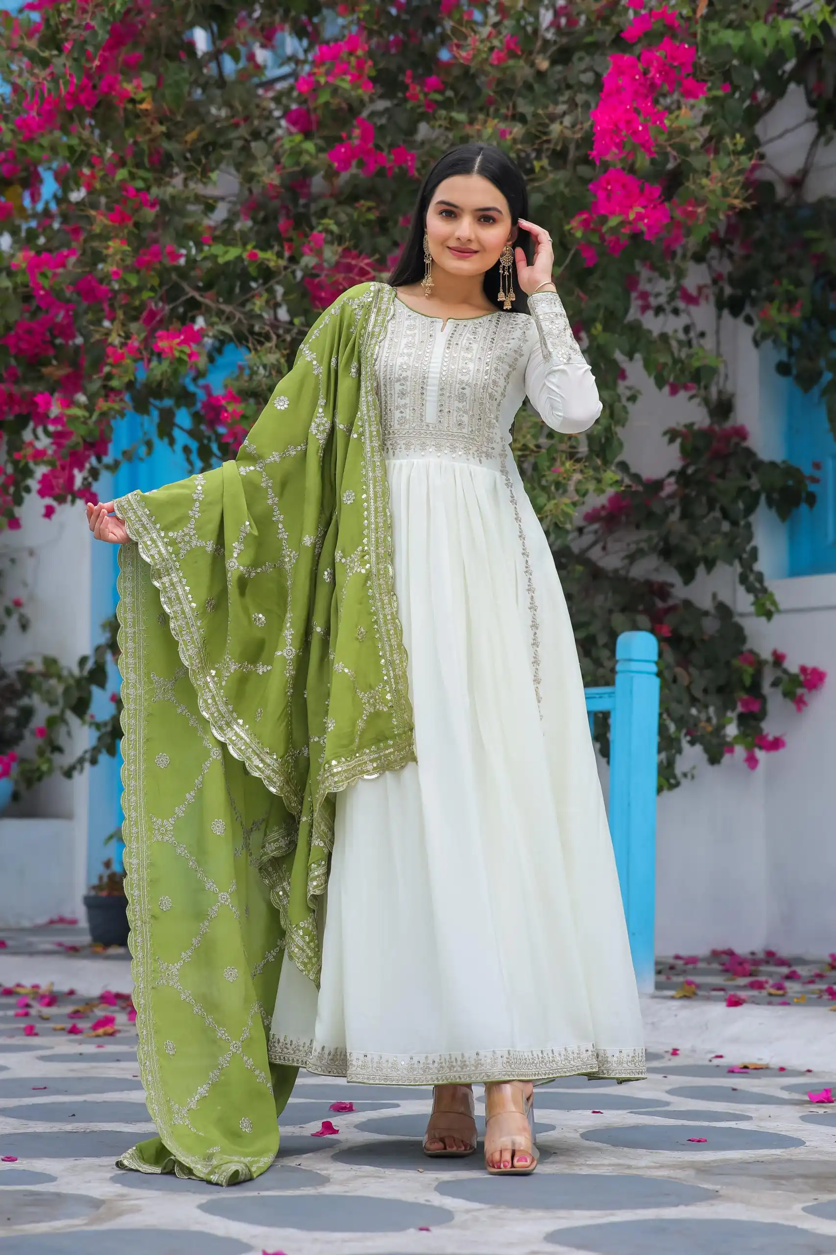 AD157 White & Olive Green Color Chinon Silk Embroidery Sequence Salwar Suit Wedding, Party, Festive, Events Expected Delivery 4-6 Working Days @ 2099/- | Casual Suits, Creative suits, Designer Suits, Palazzo Suits, Party Wear Suits, Patiala Suits, Salwar suit, Straight Suits