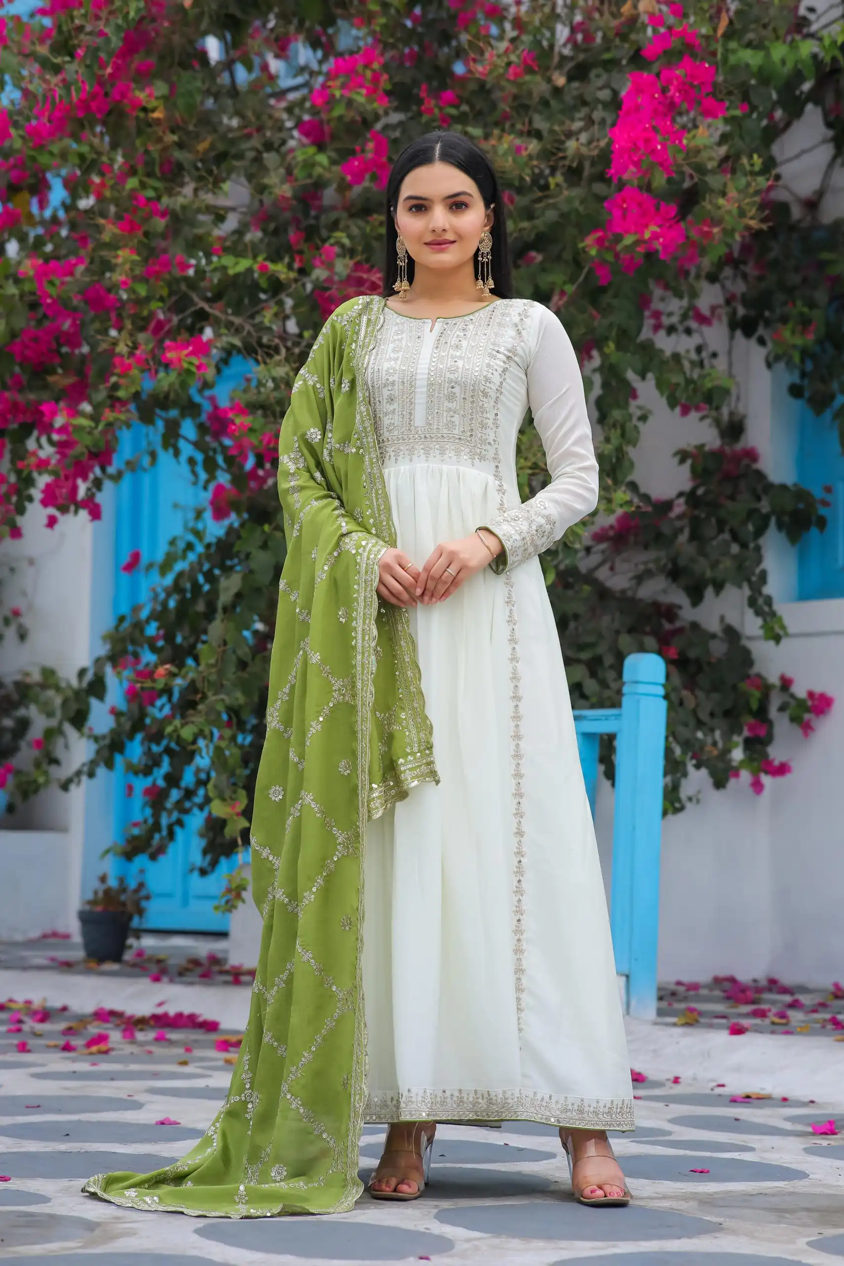 AD157 White & Olive Green Color Chinon Silk Embroidery Sequence Salwar Suit Wedding, Party, Festive, Events Expected Delivery 4-6 Working Days @ 2099/- | Casual Suits, Creative suits, Designer Suits, Palazzo Suits, Party Wear Suits, Patiala Suits, Salwar suit, Straight Suits