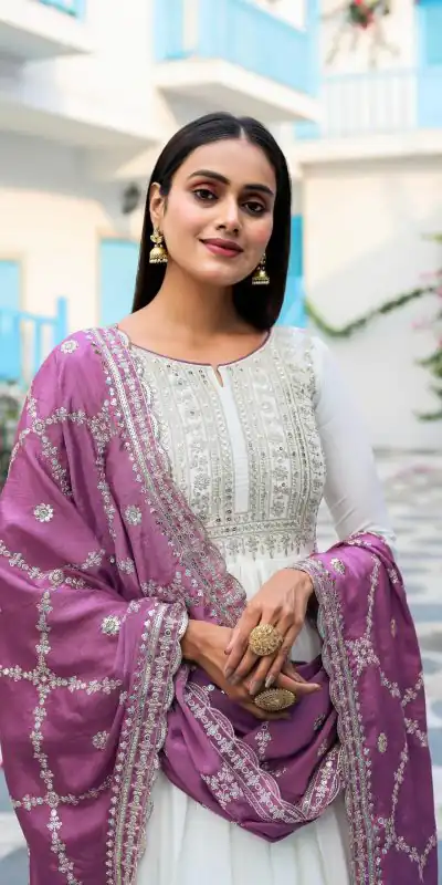 AD157 White & Purple Color Chinon Silk Embroidery Sequence Salwar Suit Wedding, Party, Festive, Events Expected Delivery 4-6 Working Days @ 2099/- | Casual Suits, Creative suits, Designer Suits, Palazzo Suits, Party Wear Suits, Patiala Suits, Salwar suit, Straight Suits