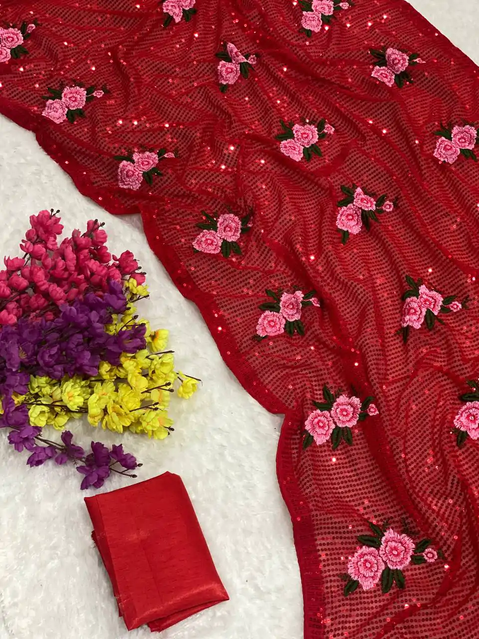 AC SEQUENCE Red Color Georgette Sequence Multi Thread Work Saree Casual, Wedding, Festive, Events Expected Delivery 4-6 Working Days @1899 /- | Bollywood Sarees, Creative Sarees, Designer Sarees, Embroidered Sarees, Ethnic Saree, Modern Digital sarees, Party Wear Sarees, Sarees