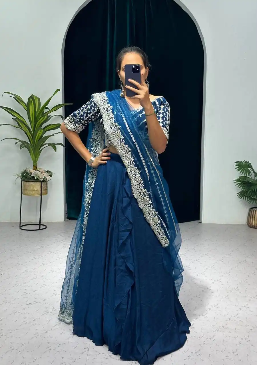 ST 1036 Royal Blue Color Blooming Vichitra Embroidery Lehenga Saree Casual, Wedding, Party, Festive, Events Etc. Expected Delivery 4-6 Working Days @2199/- | Bollywood Lehenga, Creative Lehenga, Designer Lehenga, Embroidered Lehenga, Lehenga, Party Wear Lehenga