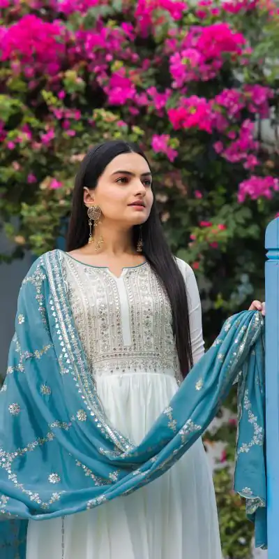 AD157 White & Sky Blue Color Chinon Silk Embroidery Sequence Salwar Suit Wedding, Party, Festive, Events Expected Delivery 4-6 Working Days @ 2099/- | Casual Suits, Creative suits, Designer Suits, Palazzo Suits, Party Wear Suits, Patiala Suits, Salwar suit, Straight Suits