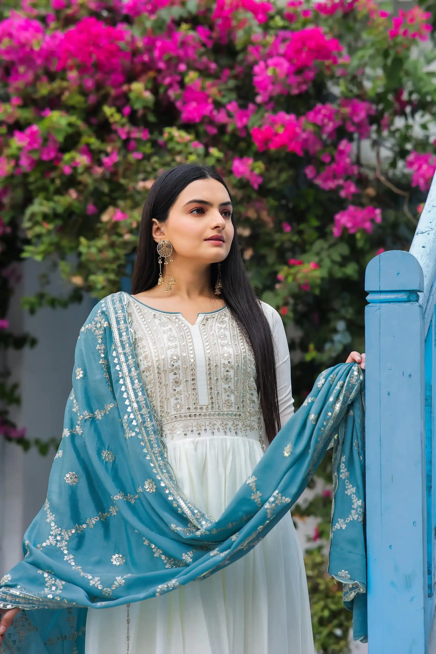 AD157 White & Sky Blue Color Chinon Silk Embroidery Sequence Salwar Suit Wedding, Party, Festive, Events Expected Delivery 4-6 Working Days @ 2099/- | Casual Suits, Creative suits, Designer Suits, Palazzo Suits, Party Wear Suits, Patiala Suits, Salwar suit, Straight Suits