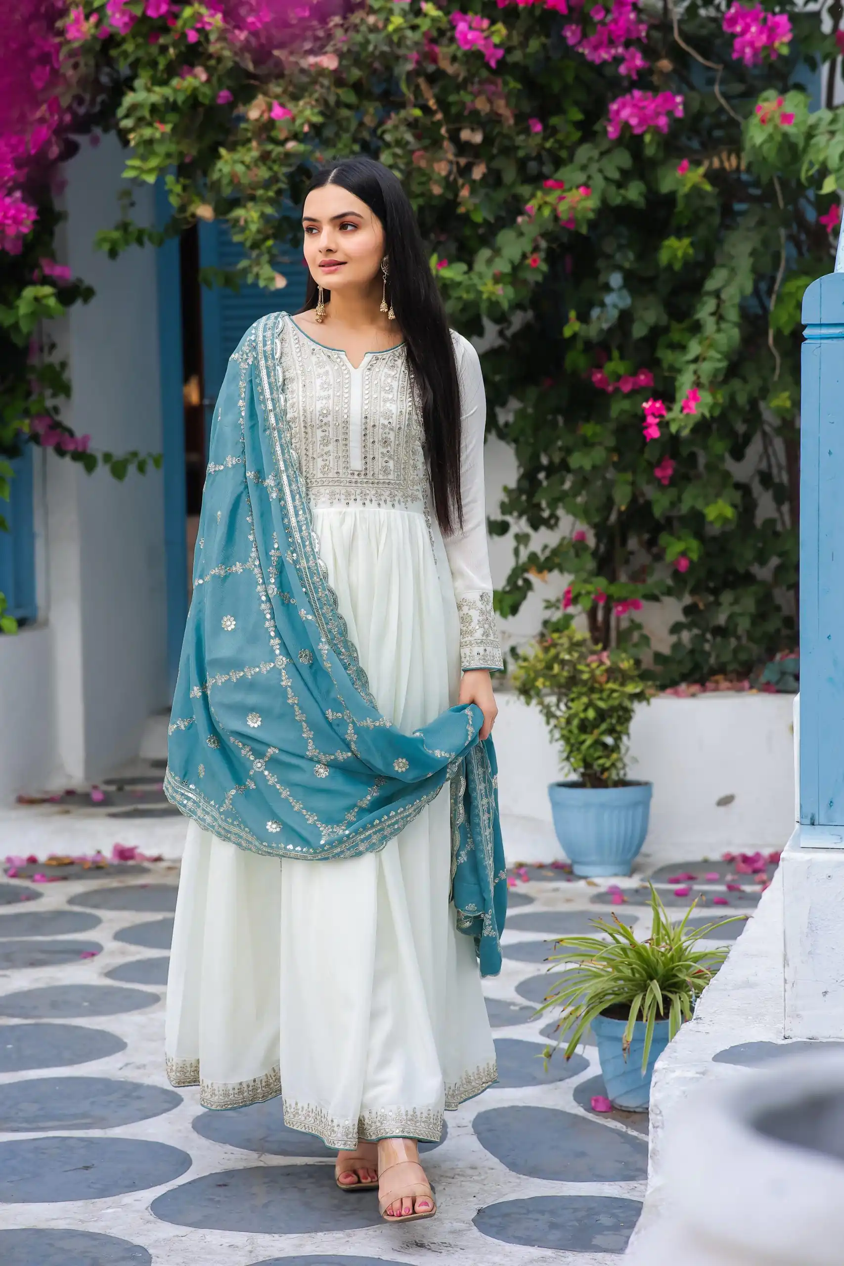 AD157 White & Sky Blue Color Chinon Silk Embroidery Sequence Salwar Suit Wedding, Party, Festive, Events Expected Delivery 4-6 Working Days @ 2099/- | Casual Suits, Creative suits, Designer Suits, Palazzo Suits, Party Wear Suits, Patiala Suits, Salwar suit, Straight Suits