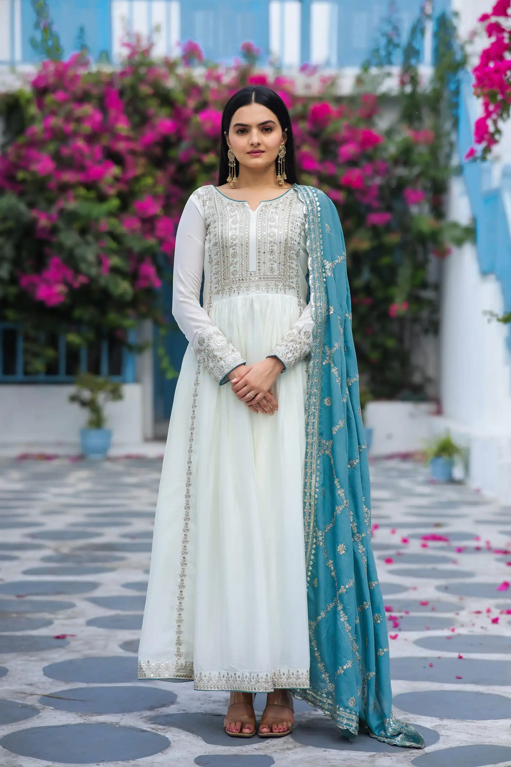 AD157 White & Sky Blue Color Chinon Silk Embroidery Sequence Salwar Suit Wedding, Party, Festive, Events Expected Delivery 4-6 Working Days @ 2099/- | Casual Suits, Creative suits, Designer Suits, Palazzo Suits, Party Wear Suits, Patiala Suits, Salwar suit, Straight Suits