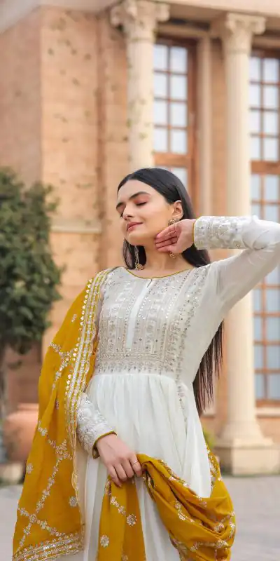 AD157 White & Yellow Color Chinon Silk Embroidery Sequence Salwar Suit Wedding, Party, Festive, Events Expected Delivery 4-6 Working Days @ 2099/- | Casual Suits, Creative suits, Designer Suits, Palazzo Suits, Party Wear Suits, Patiala Suits, Salwar suit, Straight Suits