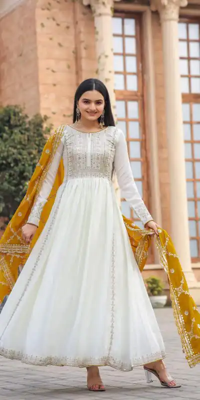 AD157 White & Yellow Color Chinon Silk Embroidery Sequence Salwar Suit Wedding, Party, Festive, Events Expected Delivery 4-6 Working Days @ 2099/- | Casual Suits, Creative suits, Designer Suits, Palazzo Suits, Party Wear Suits, Patiala Suits, Salwar suit, Straight Suits