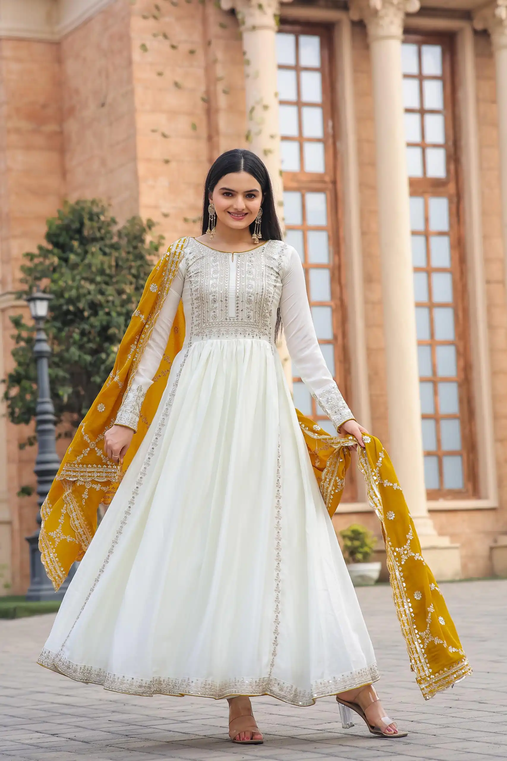 AD157 White & Yellow Color Chinon Silk Embroidery Sequence Salwar Suit Wedding, Party, Festive, Events Expected Delivery 4-6 Working Days @ 2099/- | Casual Suits, Creative suits, Designer Suits, Palazzo Suits, Party Wear Suits, Patiala Suits, Salwar suit, Straight Suits