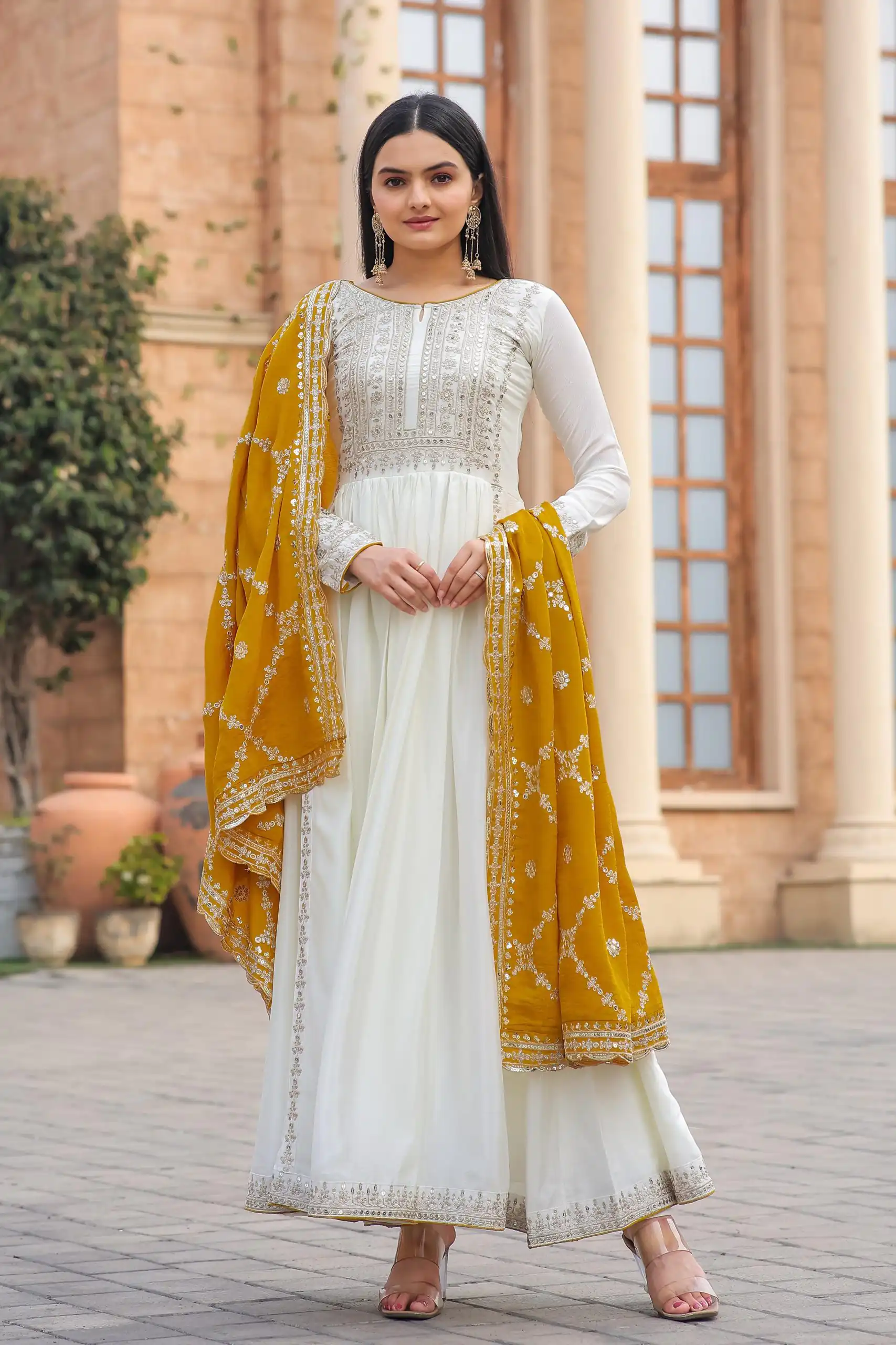AD157 White & Yellow Color Chinon Silk Embroidery Sequence Salwar Suit Wedding, Party, Festive, Events Expected Delivery 4-6 Working Days @ 2099/- | Casual Suits, Creative suits, Designer Suits, Palazzo Suits, Party Wear Suits, Patiala Suits, Salwar suit, Straight Suits