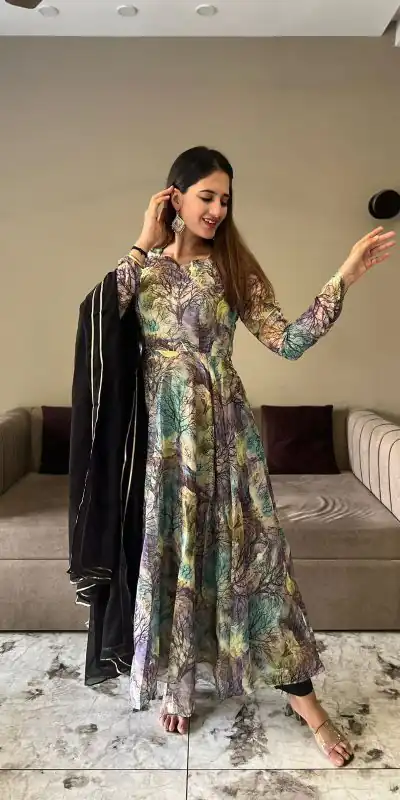 NF 1154 Grey color Tabhi Organza Material Digital Printed Anarkali Suit Casual, Wedding, Party, Festive, Events . Expected Delivery 4-6 Working Days @2049 | Anarkali Suits, Bollywood Anarkali, Creative-Anarkali, Designer Anarkali, Embroidered Anarkali, Party Wear Anarkali