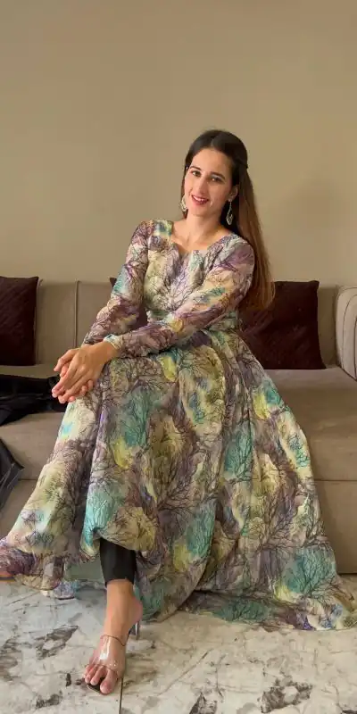 NF 1154 Grey color Tabhi Organza Material Digital Printed Anarkali Suit Casual, Wedding, Party, Festive, Events . Expected Delivery 4-6 Working Days @2049 | Anarkali Suits, Bollywood Anarkali, Creative-Anarkali, Designer Anarkali, Embroidered Anarkali, Party Wear Anarkali