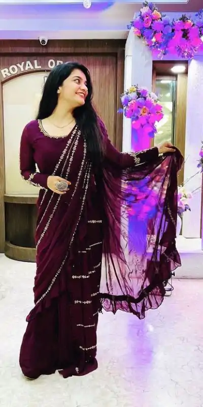 ST 1004 Purple Color Georgette Separate Ruffle Pallu Lehenga Saree Wedding, Party, Festive, Events Etc. Expected Delivery 4-6 Working Days @2099/- | Creative Lehenga, Designer Lehenga, Embroidered Lehenga, Lehenga, Party Wear Lehenga