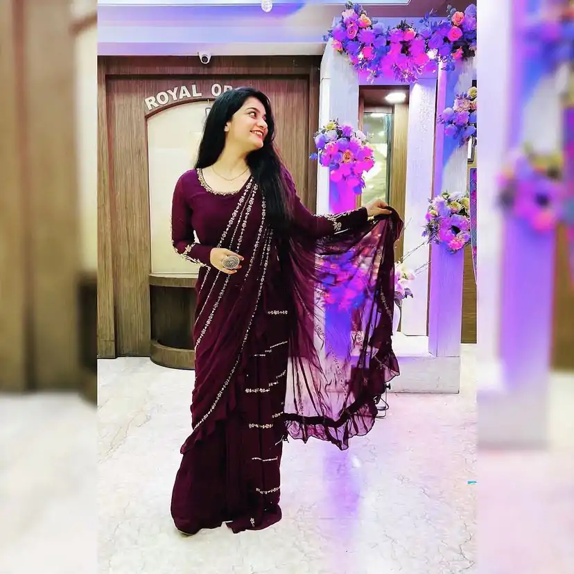 ST 1004 Purple Color Georgette Separate Ruffle Pallu Lehenga Saree Wedding, Party, Festive, Events Etc. Expected Delivery 4-6 Working Days @2099/- | Creative Lehenga, Designer Lehenga, Embroidered Lehenga, Lehenga, Party Wear Lehenga
