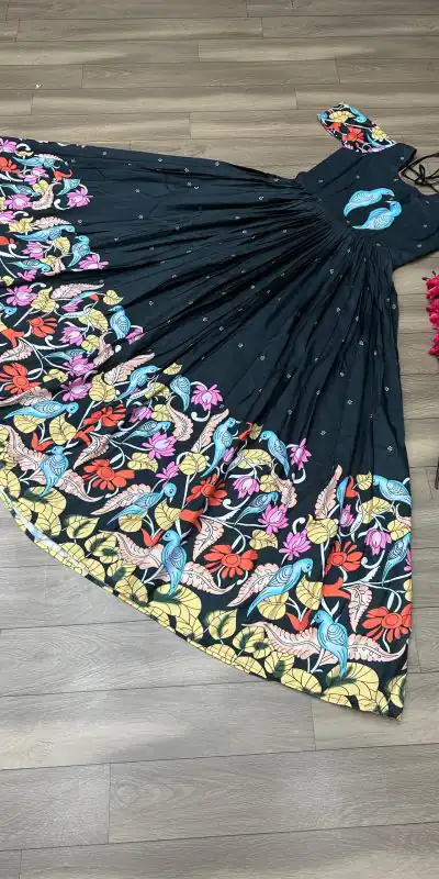 PC 307 Black Color Chant Crepe Kalamkari Printed Gown Casual, Party Wear, Events, Festivals Wear Etc. Expected Delivery 4-6 Working Days @1899/- | Bollywood Gowns, Creative Gowns, Designer Gowns, Embroidered Gowns, Gowns, Party Wear Gowns