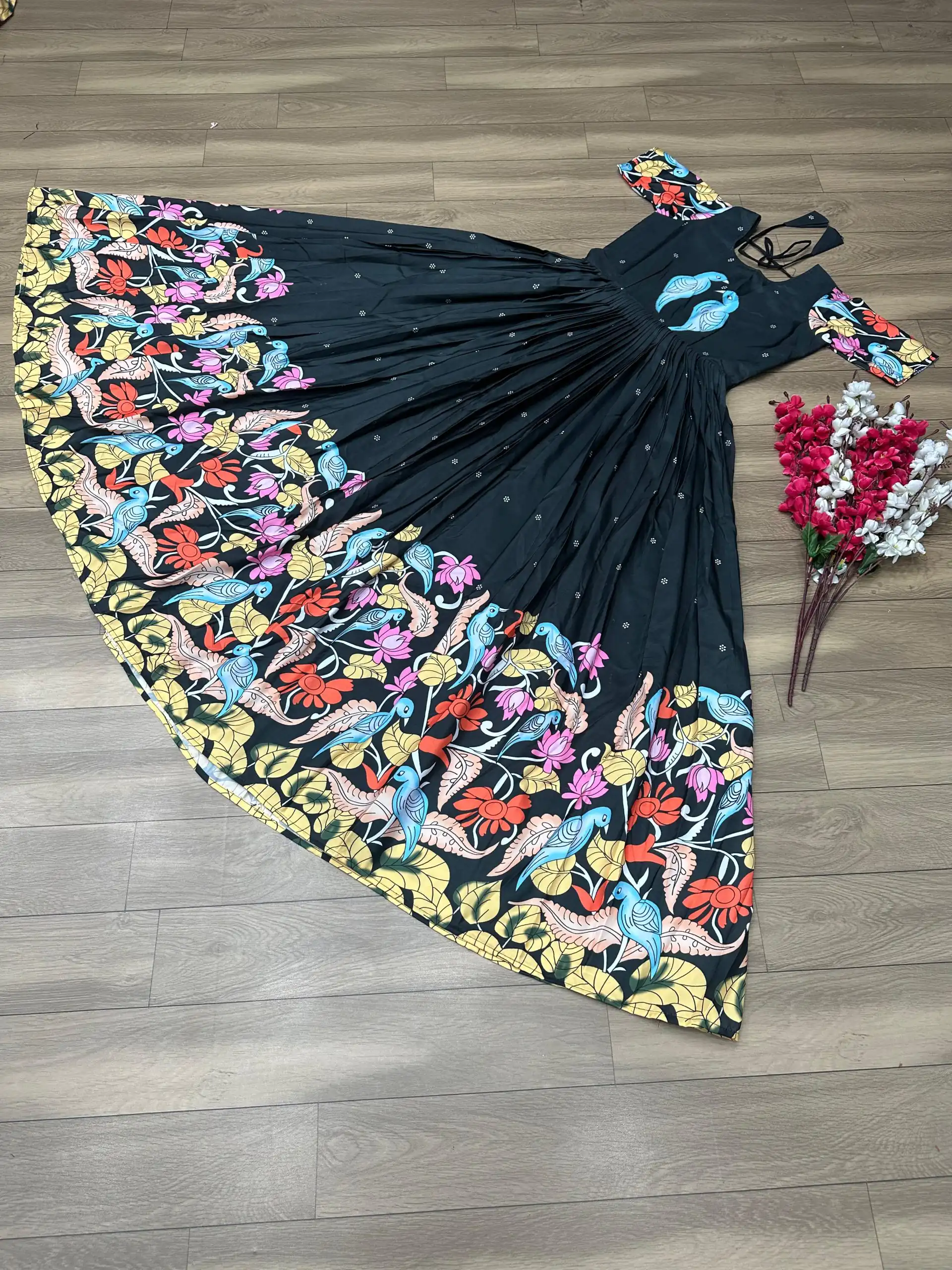 PC 307 Black Color Chant Crepe Kalamkari Printed Gown Casual, Party Wear, Events, Festivals Wear Etc. Expected Delivery 4-6 Working Days @1899/- | Bollywood Gowns, Creative Gowns, Designer Gowns, Embroidered Gowns, Gowns, Party Wear Gowns