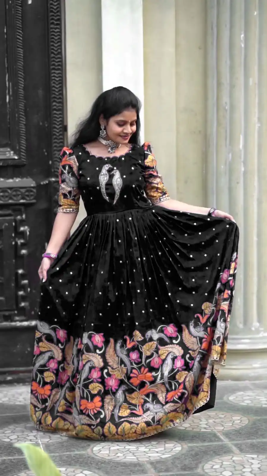 PC 307 Black Color Chant Crepe Kalamkari Printed Gown Casual, Party Wear, Events, Festivals Wear Etc. Expected Delivery 4-6 Working Days @1899/- | Bollywood Gowns, Creative Gowns, Designer Gowns, Embroidered Gowns, Gowns, Party Wear Gowns