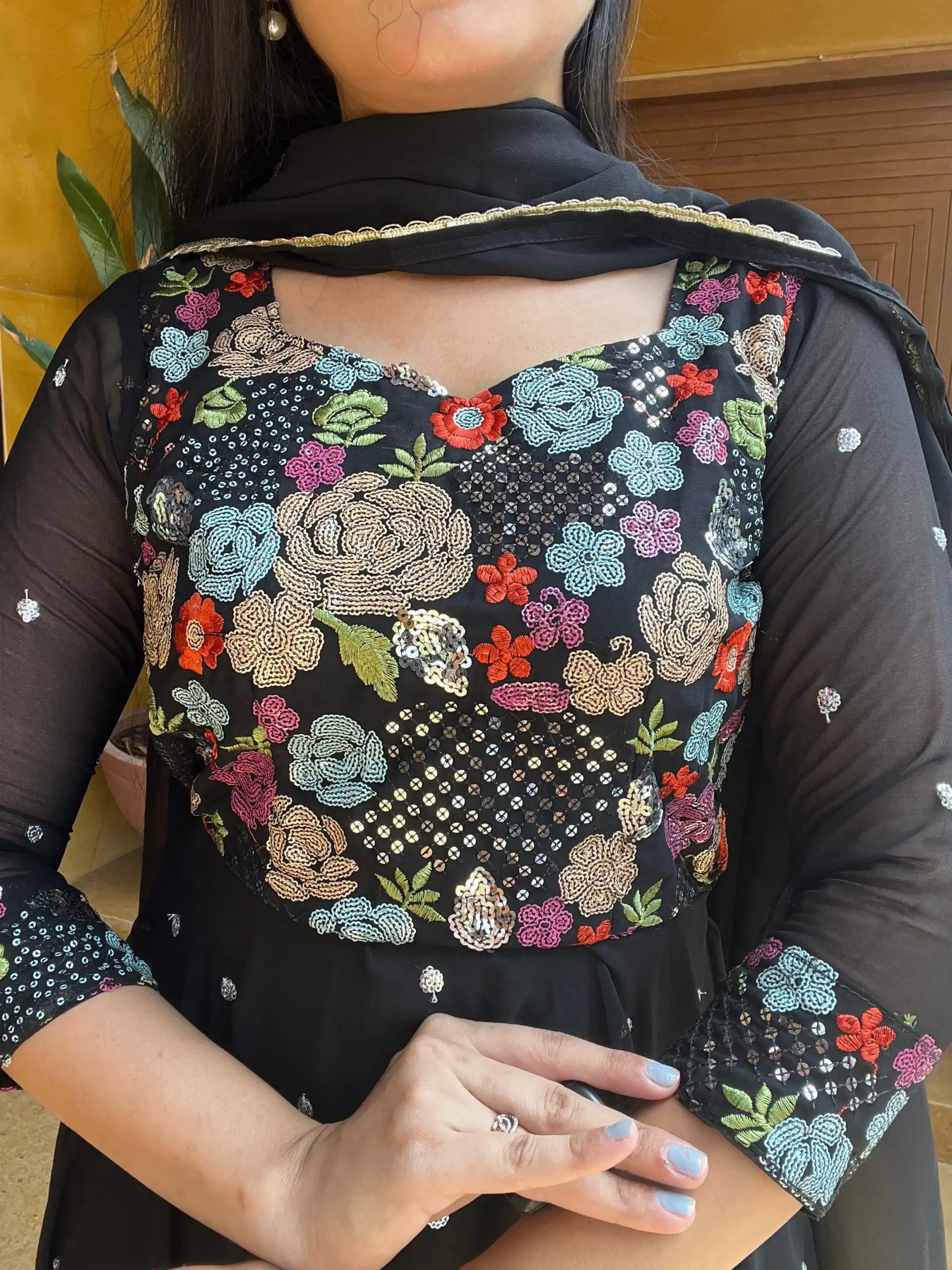   Ram 007 Black Color Fox Georgette Embroidery Lace Work Gown Casual, Wedding, Party, Festive, Events Etc. Expected Delivery 4-6 Working Days @2049/- | Bollywood Gowns, Creative Gowns, Designer Gowns, Embroidered Gowns, Gowns, Party Wear Gowns