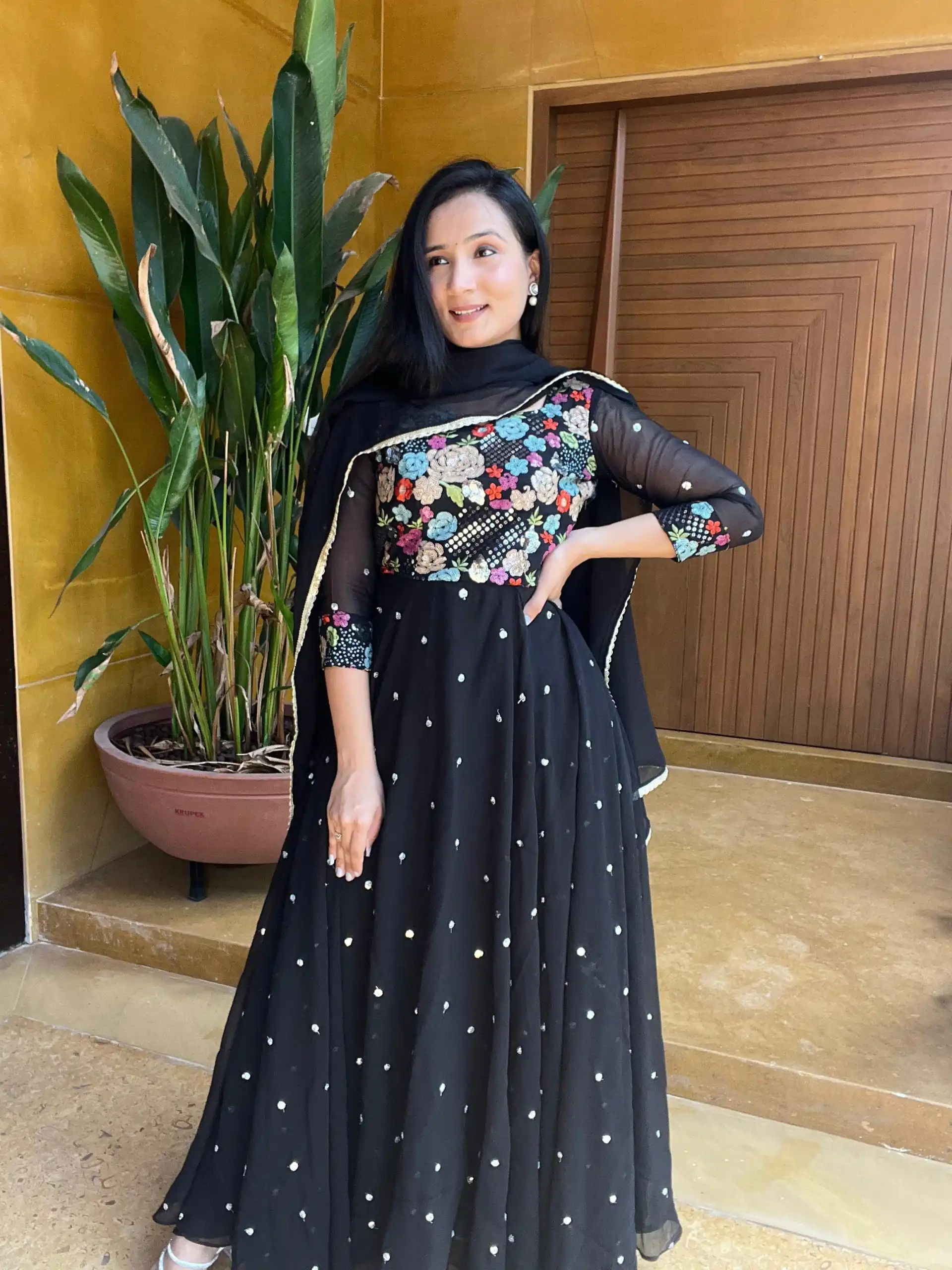   Ram 007 Black Color Fox Georgette Embroidery Lace Work Gown Casual, Wedding, Party, Festive, Events Etc. Expected Delivery 4-6 Working Days @2049/- | Bollywood Gowns, Creative Gowns, Designer Gowns, Embroidered Gowns, Gowns, Party Wear Gowns
