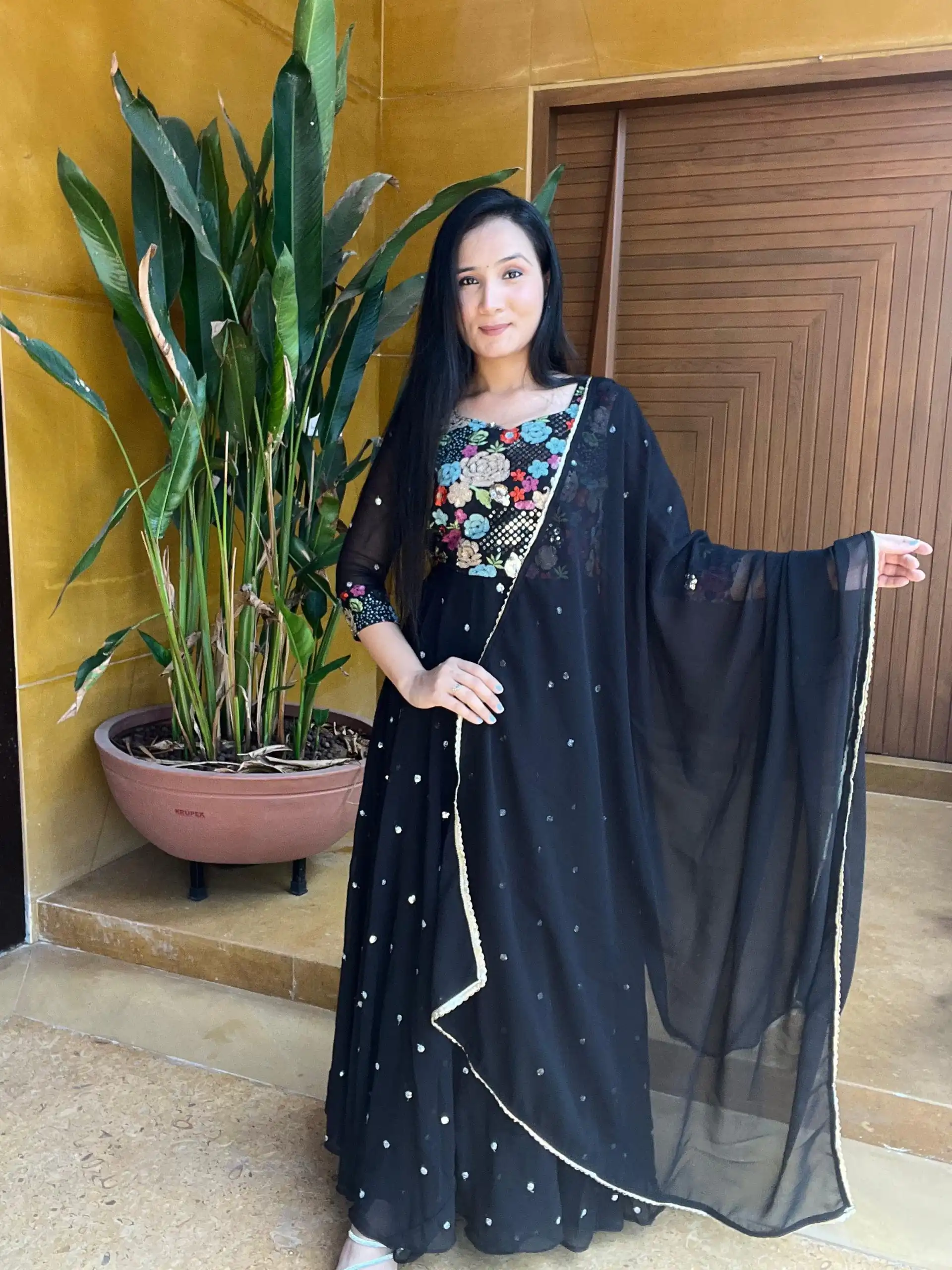   Ram 007 Black Color Fox Georgette Embroidery Lace Work Gown Casual, Wedding, Party, Festive, Events Etc. Expected Delivery 4-6 Working Days @2049/- | Bollywood Gowns, Creative Gowns, Designer Gowns, Embroidered Gowns, Gowns, Party Wear Gowns