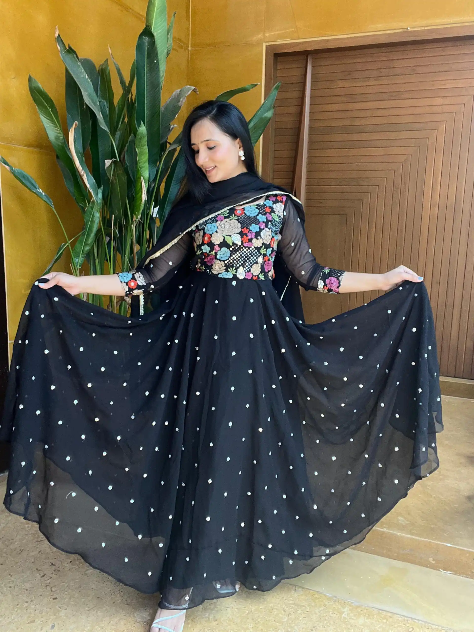   Ram 007 Black Color Fox Georgette Embroidery Lace Work Gown Casual, Wedding, Party, Festive, Events Etc. Expected Delivery 4-6 Working Days @2049/- | Bollywood Gowns, Creative Gowns, Designer Gowns, Embroidered Gowns, Gowns, Party Wear Gowns