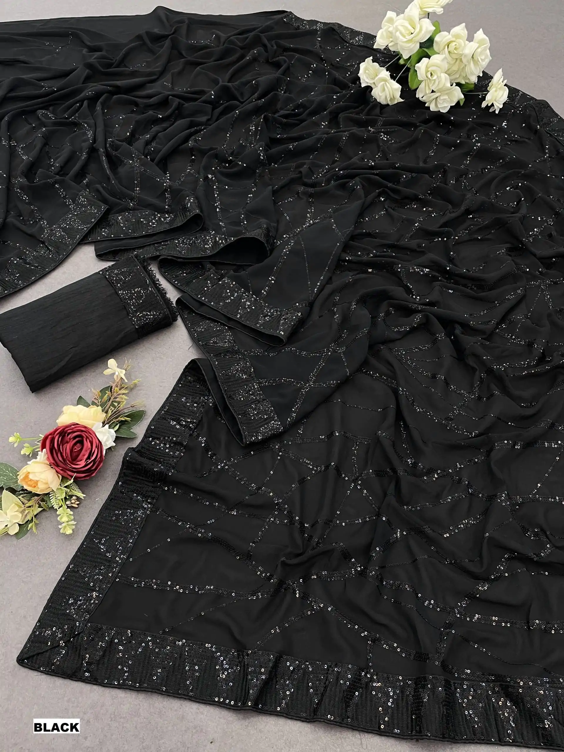 DF 3397 Black Color Georgette Sequins Embroidery Work Saree Casual, Party Wear, Wedding, Events Etc Delivery Expected.4-6 Working Days 1799/- | Bollywood Sarees, Creative Sarees, Designer Sarees, Embroidered Sarees, Ethnic Saree, Modern Digital sarees, Party Wear Sarees, Sarees