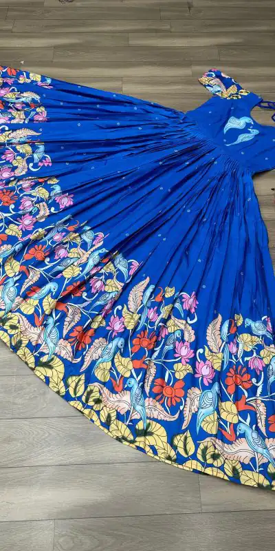 PC 307 Blue Color Chant Crepe Kalamkari Printed Gown Casual, Party Wear, Events, Festivals Wear Etc. Expected Delivery 4-6 Working Days @1899/- | Bollywood Gowns, Creative Gowns, Designer Gowns, Embroidered Gowns, Gowns, Party Wear Gowns