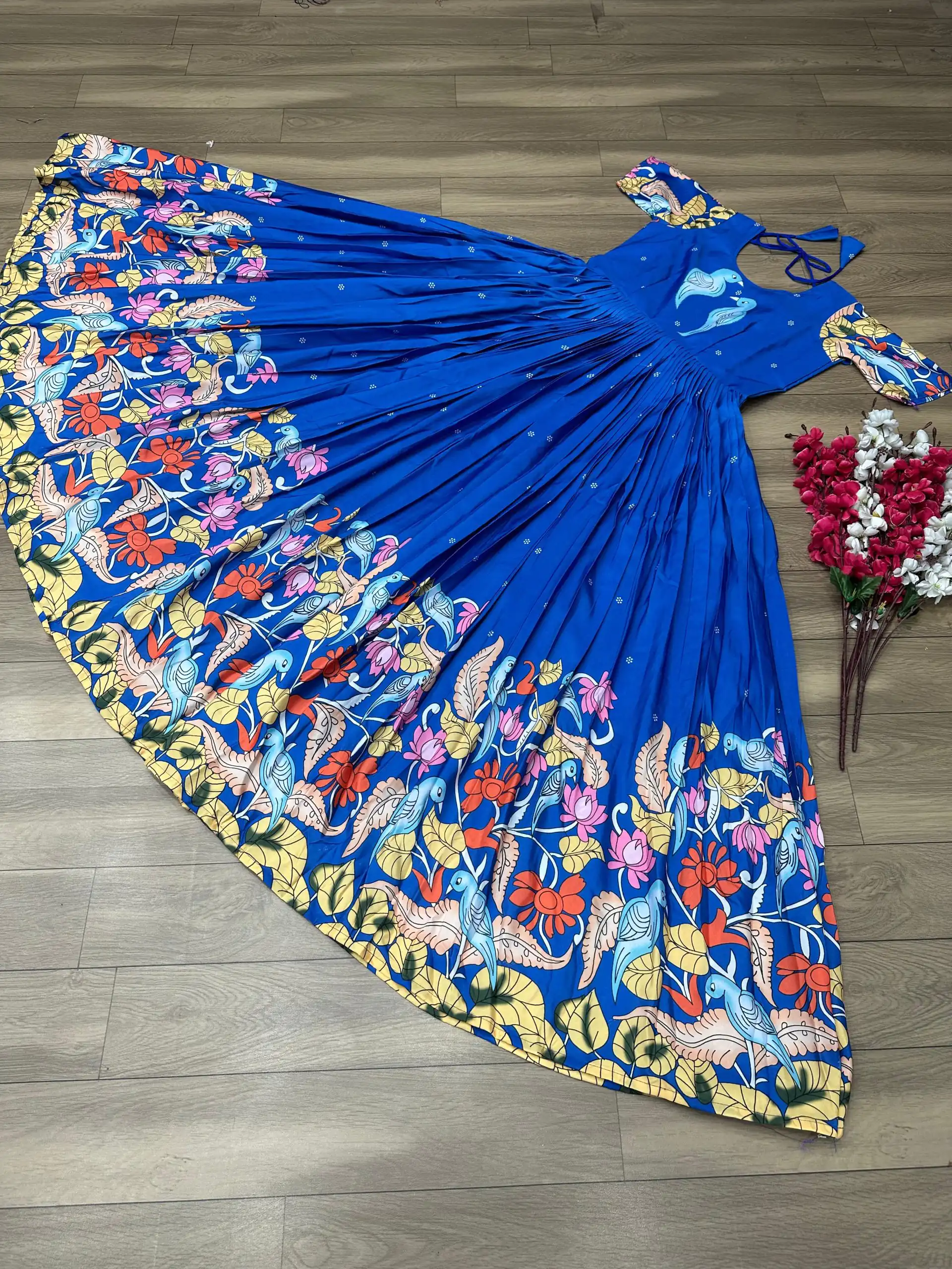 PC 307 Blue Color Chant Crepe Kalamkari Printed Gown Casual, Party Wear, Events, Festivals Wear Etc. Expected Delivery 4-6 Working Days @1899/- | Bollywood Gowns, Creative Gowns, Designer Gowns, Embroidered Gowns, Gowns, Party Wear Gowns