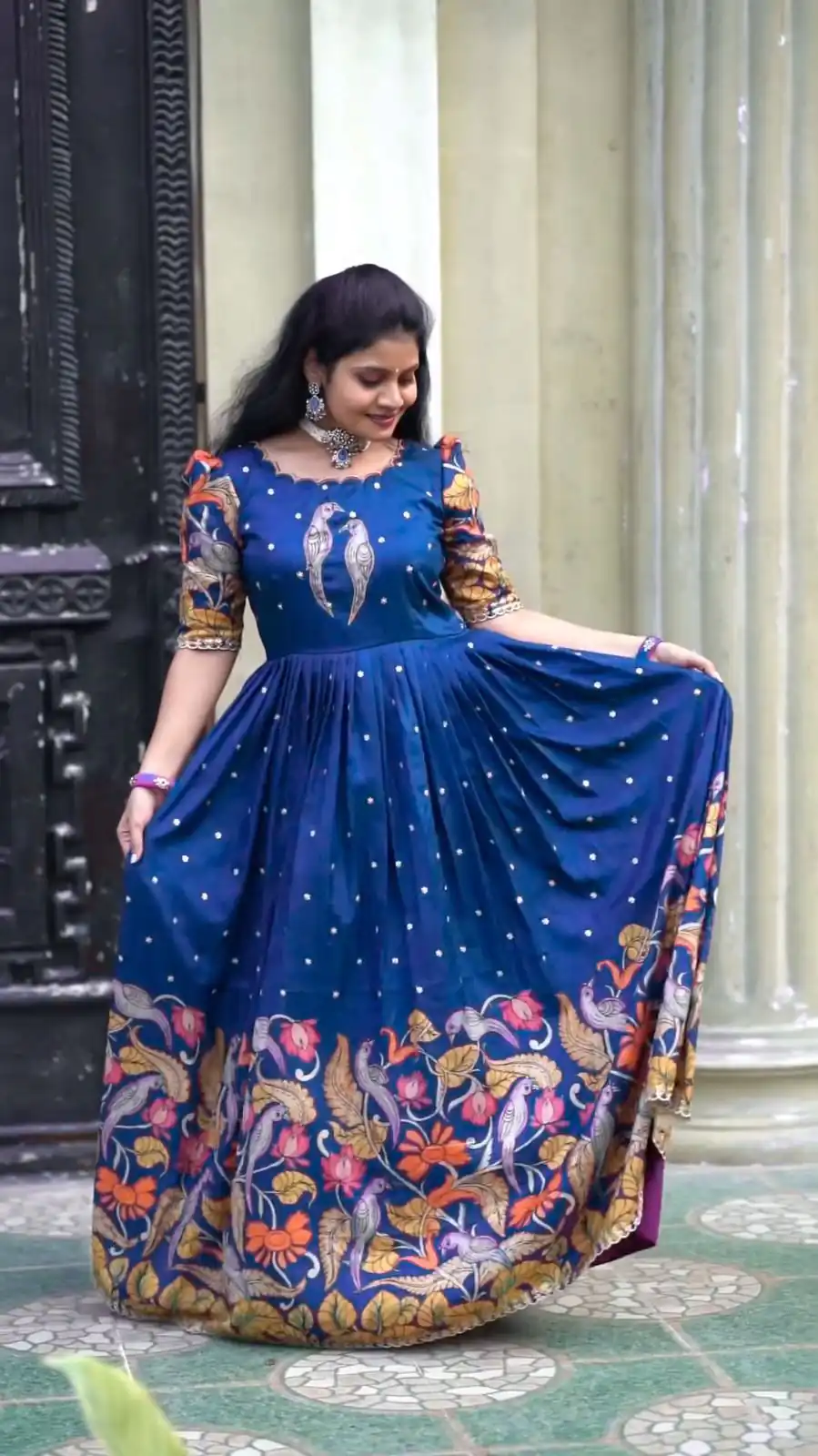 PC 307 Blue Color Chant Crepe Kalamkari Printed Gown Casual, Party Wear, Events, Festivals Wear Etc. Expected Delivery 4-6 Working Days @1899/- | Bollywood Gowns, Creative Gowns, Designer Gowns, Embroidered Gowns, Gowns, Party Wear Gowns