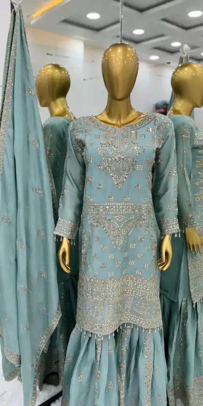 ZSR-3066 Blue Color Chinnon Embroidery Sequence Salwar Suit Casual, Wedding, Festive, Events Expected Delivery 4-6 Working Days @2199/- | Jump Suits, Casual Suits, Creative suits, Designer Suits, Palazzo Suits, Party Wear Suits, Patiala Suits, Salwar suit, Straight Suits
