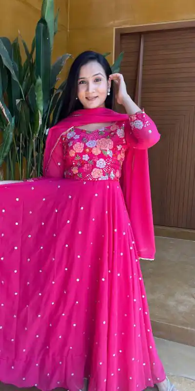   Ram 007 Pink Color Fox Georgette Embroidery Lace Work Gown Casual, Wedding, Party, Festive, Events Etc. Expected Delivery 4-6 Working Days @2049/- | Bollywood Gowns, Creative Gowns, Designer Gowns, Embroidered Gowns, Gowns, Party Wear Gowns