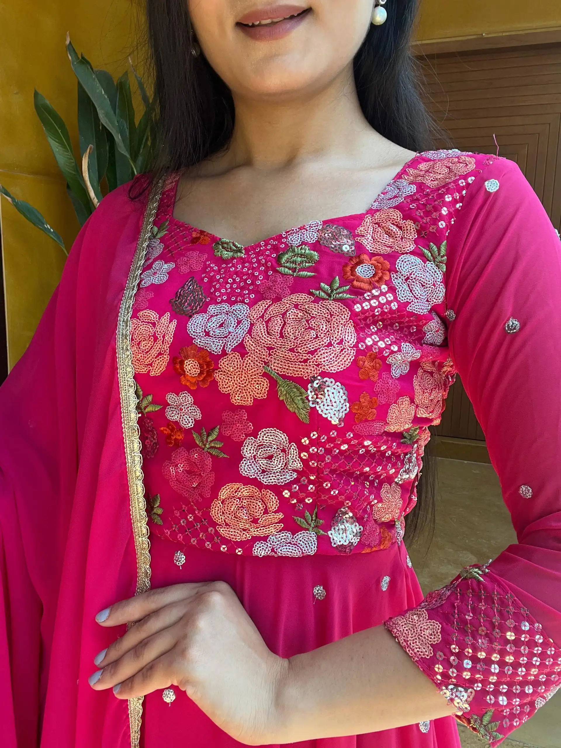 Ram 007 Pink Color Fox Georgette Embroidery Lace Work Gown Casual, Wedding, Party, Festive, Events Etc. Expected Delivery 4-6 Working Days @2049/- | Bollywood Gowns, Creative Gowns, Designer Gowns, Embroidered Gowns, Gowns, Party Wear Gowns