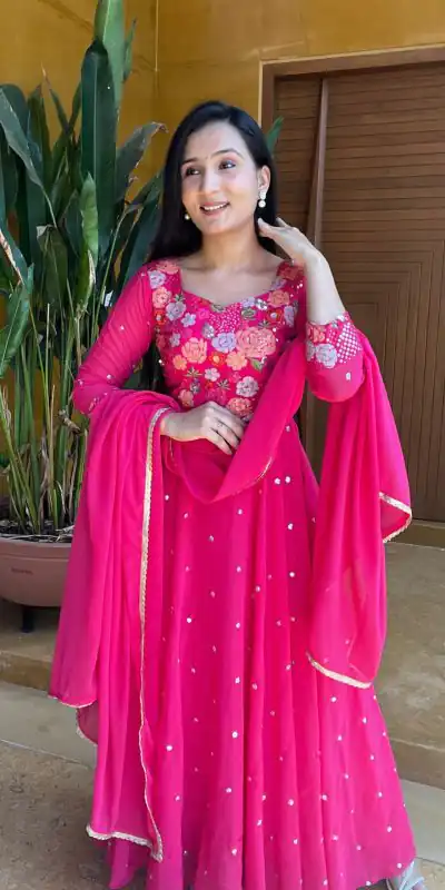 Ram 007 Pink Color Fox Georgette Embroidery Lace Work Gown Casual, Wedding, Party, Festive, Events Etc. Expected Delivery 4-6 Working Days @2049/- | Bollywood Gowns, Creative Gowns, Designer Gowns, Embroidered Gowns, Gowns, Party Wear Gowns