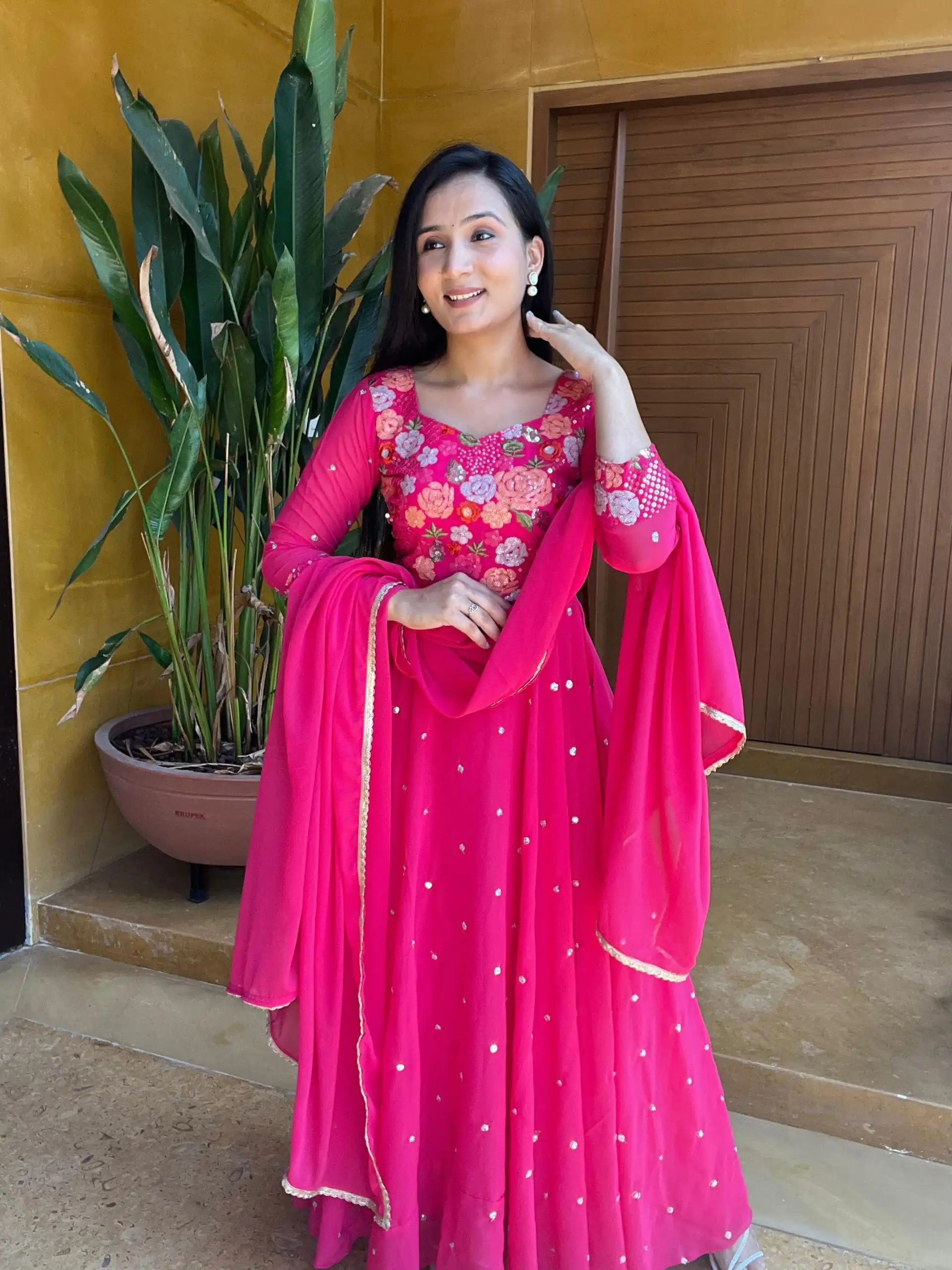 Ram 007 Pink Color Fox Georgette Embroidery Lace Work Gown Casual, Wedding, Party, Festive, Events Etc. Expected Delivery 4-6 Working Days @2049/- | Bollywood Gowns, Creative Gowns, Designer Gowns, Embroidered Gowns, Gowns, Party Wear Gowns