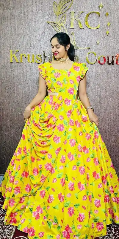 PC 384 Yellow Color Chinon Digital Printed Work Gown Casual, Party Wear, Events, Festivals Wear Expected Delivery 4-6 Working Days @2029/- | Bollywood Gowns, Creative Gowns, Designer Gowns, Embroidered Gowns, Gowns, Party Wear Gowns