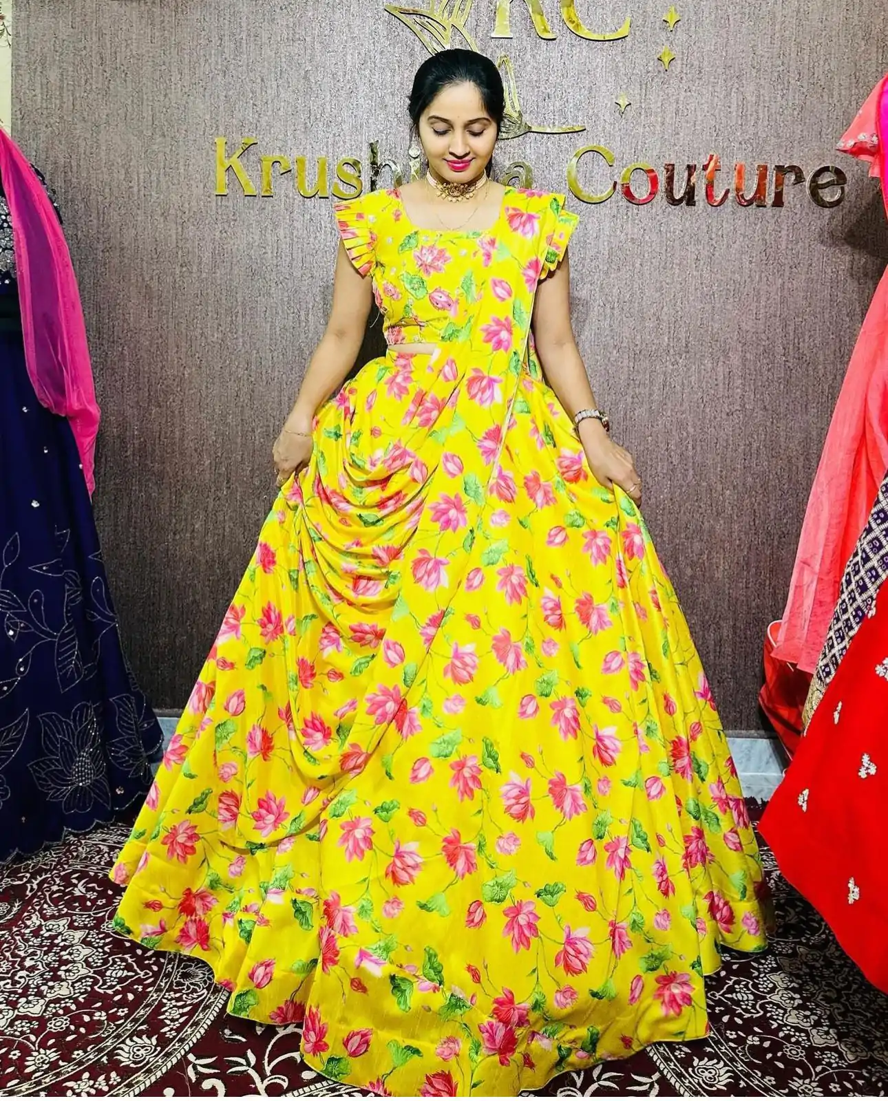 PC 384 Yellow Color Chinon Digital Printed Work Gown Casual, Party Wear, Events, Festivals Wear Expected Delivery 4-6 Working Days @2029/- | Bollywood Gowns, Creative Gowns, Designer Gowns, Embroidered Gowns, Gowns, Party Wear Gowns
