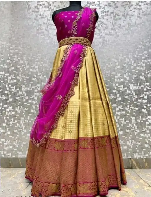 SC Mohini Yellow Color Kanjivaram Silk Zari Design Half Saree , Party Wear, Events, Festivals Expected Delivery 4-6 Working Days 1749/- | Bollywood Lehenga, Creative Lehenga, Designer Lehenga, Embroidered Lehenga, Lehenga, Party Wear Lehenga
