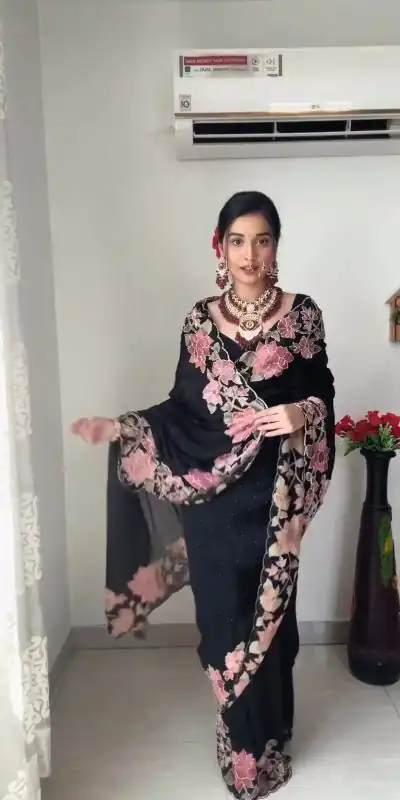 KD 403 Black Color Faux Georgette Three With Pearl Work Saree Casual, Party, Wedding, Festive, Events Etc. Expected Delivery 4-6 Working Days @1799/- | Bollywood Sarees, Creative Sarees, Designer Sarees, Embroidered Sarees, Ethnic Saree, Modern Digital sarees, Party Wear Sarees, Sarees
