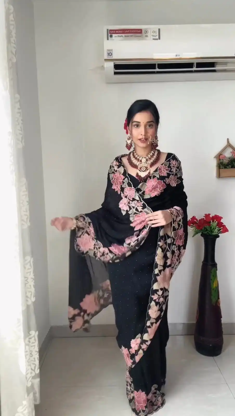 KD 403 Black Color Faux Georgette Three With Pearl Work Saree Casual, Party, Wedding, Festive, Events Etc.  Expected Delivery  4-6 Working Days @1799/- | Bollywood Sarees, Creative Sarees, Designer Sarees, Embroidered Sarees, Ethnic Saree, Modern Digital sarees, Party Wear Sarees, Sarees