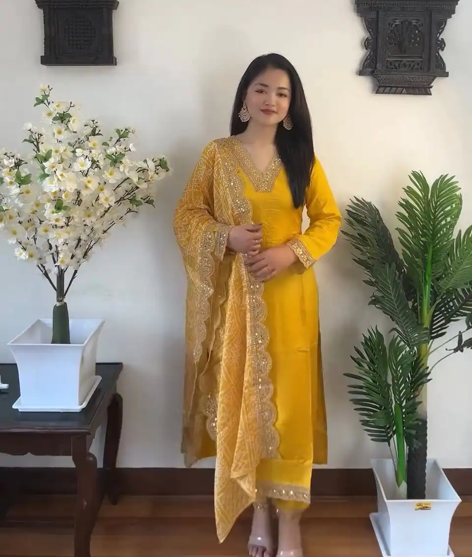 VLM 172 Yellow Color Rayon Embroidery Work Salwar Suit Wedding, Party, Festive, Events Etc.  Expected Delivery 4-6 Working Days @1799/-Only | Casual Suits, Creative suits, Designer Suits, Palazzo Suits, Party Wear Suits, Salwar suit, Straight Suits