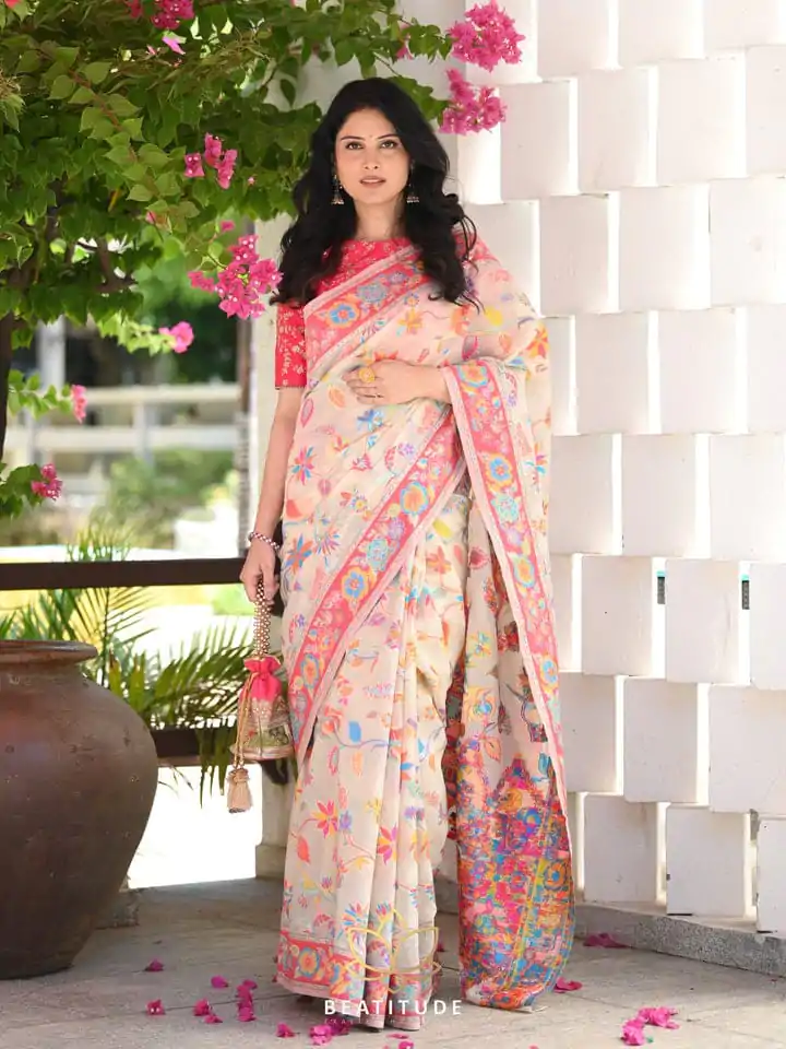 DDF 501 Cream Color Kashmiri Running Thread Zari Work Saree Casual, Party Wear, Events, Festivals Etc. Expected Delivery 4-6 Working Days 2399/- | Bollywood Sarees, Creative Sarees, Designer Sarees, Embroidered Sarees, Ethnic Saree, Modern Digital sarees, Party Wear Sarees, Sarees