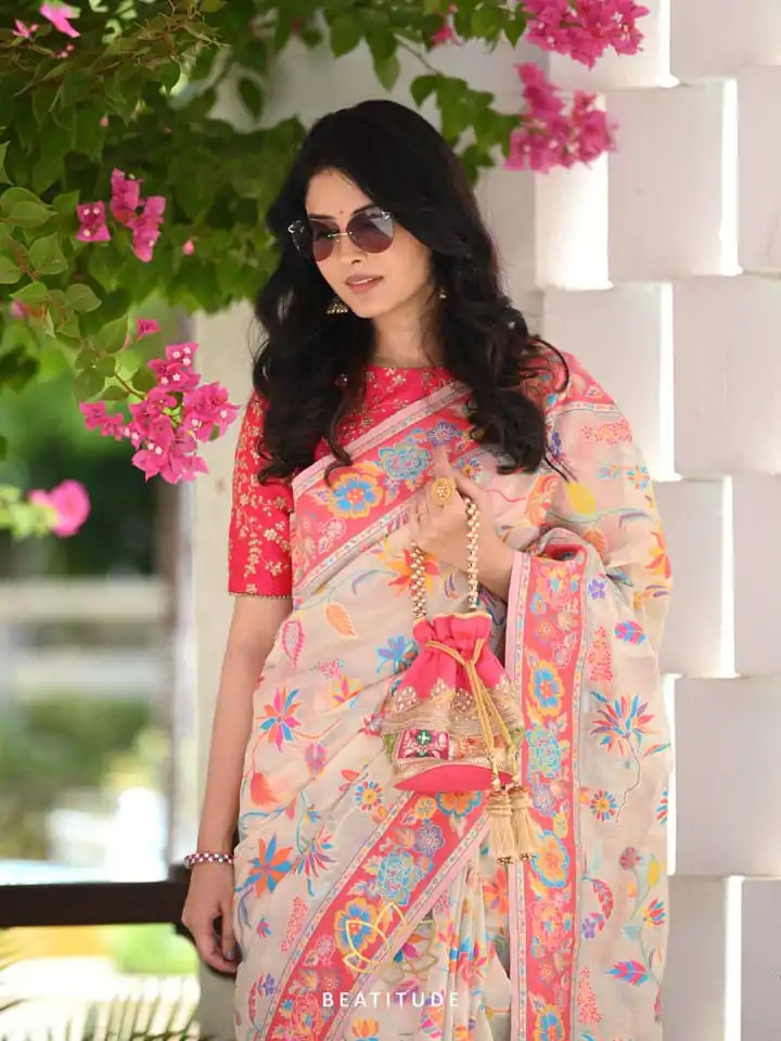 DDF 501 Cream Color Kashmiri Running Thread Zari Work Saree Casual, Party Wear, Events, Festivals Etc. Expected Delivery 4-6 Working Days 2399/- | Bollywood Sarees, Creative Sarees, Designer Sarees, Embroidered Sarees, Ethnic Saree, Modern Digital sarees, Party Wear Sarees, Sarees