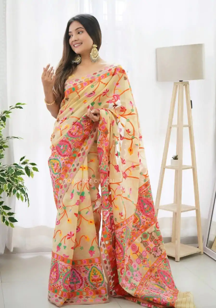 DDF 503 Cream Color Kashmiri Running Thread Zari Work Saree Casual, Party Wear, Events, Festivals Etc. Expected Delivery 4-6 Working Days 2099/- | Bollywood Sarees, Creative Sarees, Designer Sarees, Embroidered Sarees, Ethnic Saree, Modern Digital sarees, Party Wear Sarees, Sarees
